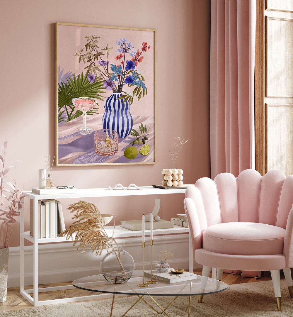 Lilac Summer By Goed Blauw Wall Art Prints in Oak Wood Plain Frame placed on a Pink Colored Wall above a Table in the Drawing Room