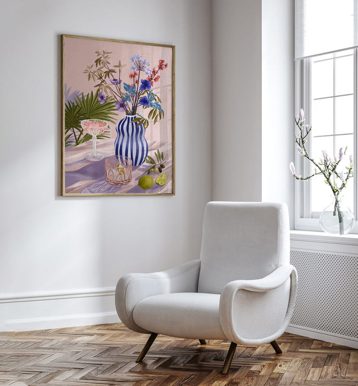 Lilac Summer By Goed Blauw Wall Art Prints in Oak Wood Plain Frame placed on a White Colored Wall in the Drawing Room