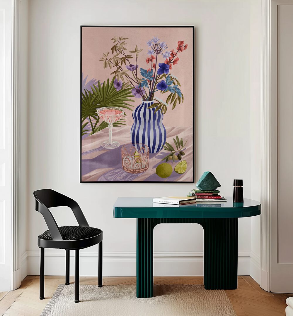 Lilac Summer By Goed Blauw Wall Art Prints in Black Plain Frame placed on a Cream Colored Wall above a Table in the Drawing Room