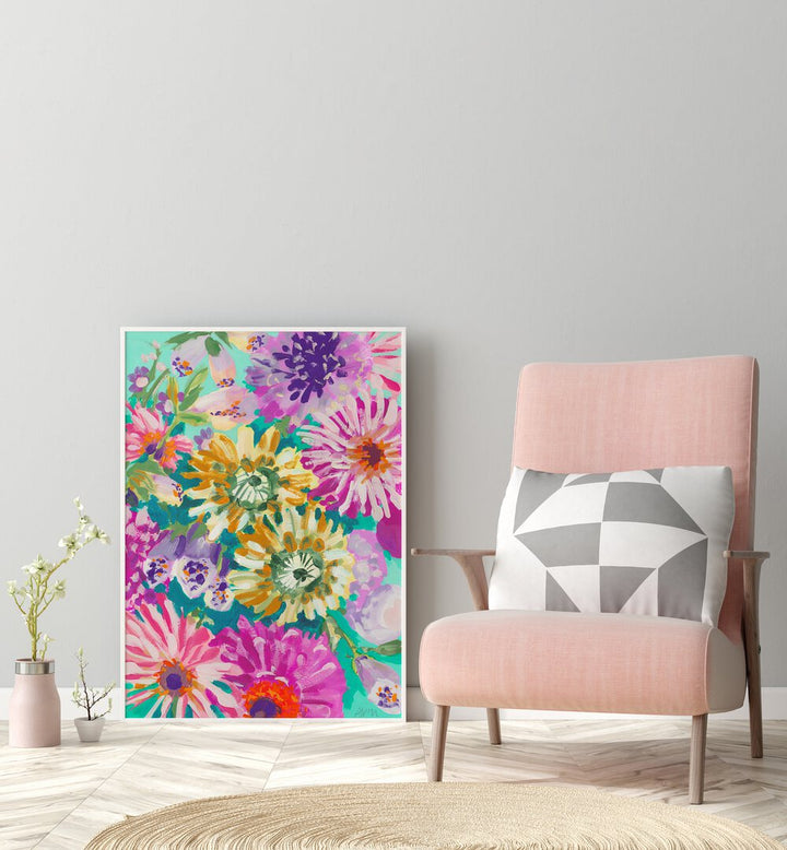 Lime Asters By Ania Zwara Botanical Art Prints Floral Paintings in White Plain Frame placed on the floor near a Grey Colored Wall in the Drawing Room