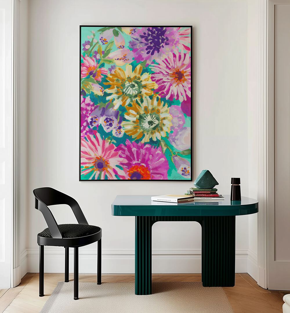 Lime Asters By Ania Zwara Botanical Art Prints Floral Paintings in Black Plain Frame placed on a Cream Colored Wall near a Table in a Workspace in the Drawing Room