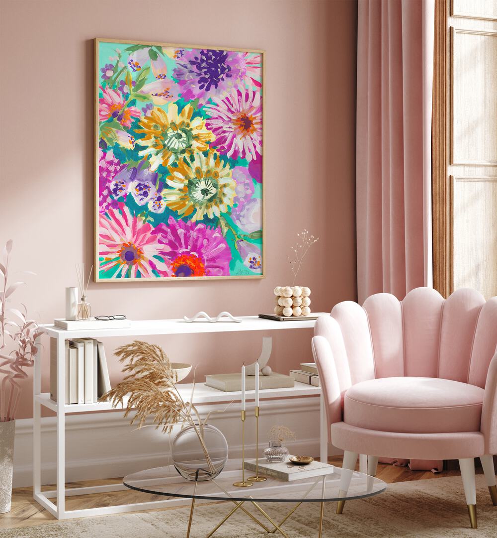 Lime Asters By Ania Zwara Botanical Art Prints Floral Paintings in Oak Wood Plain Frame placed on a Pink Colored Wall above a Console Table in the Drawing Room