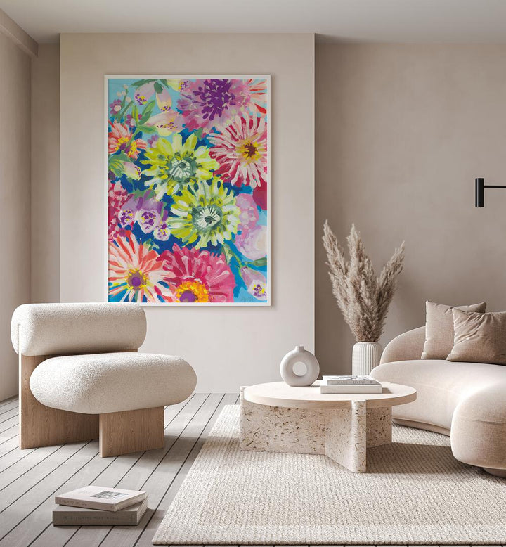 Lime Asters By Ania Zwara Botanical Art Prints Floral Paintings in White Plain Frame placed on a Beige Colored Wall in the Living Room