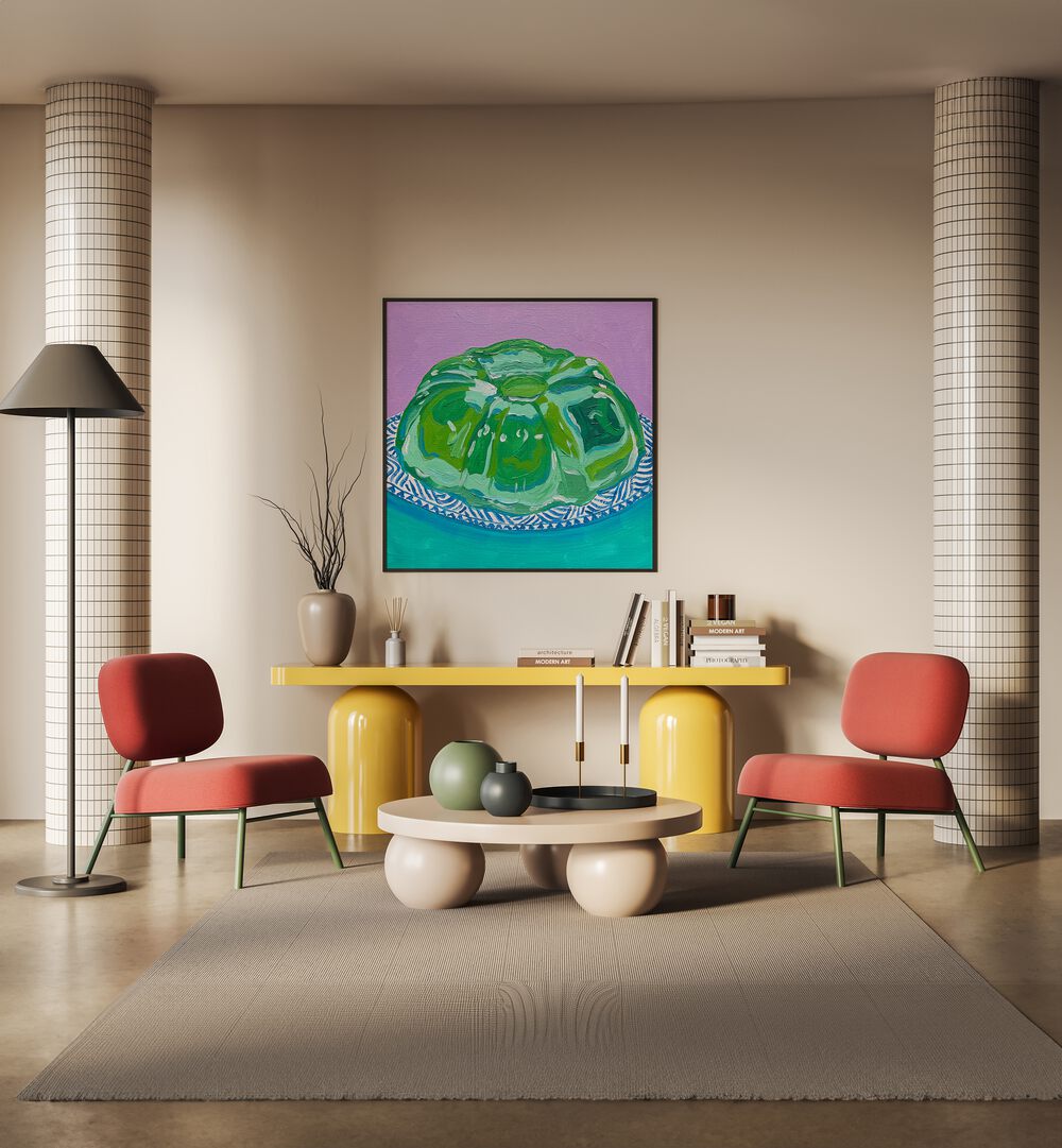 Lime Jello By Key And Sea Creative Art Print in Black Plain Frame on a beige wall above a table