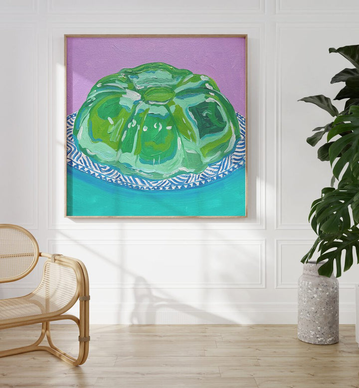 Lime Jello By Key And Sea Creative Art Print in Oak Wood Plain Frame on a white wall beside a plant