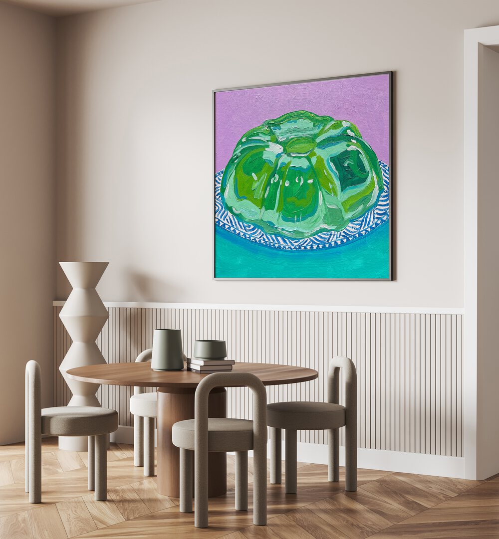 Lime Jello By Key And Sea Creative Art Print in Black Plain Frame on a cream wall behind a dining table