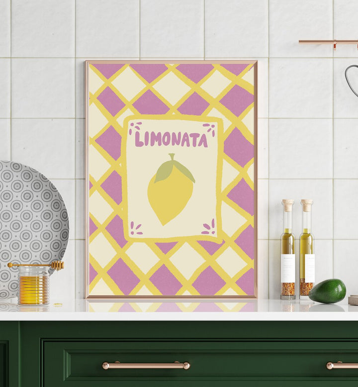 Limonata by Studio Dolci Kitchen Art Prints in Oak Wood Plain Frame placed on a kitchen counter for kitchen area