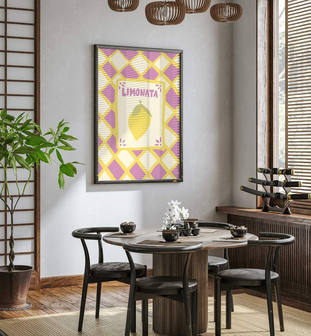 Limonata by Studio Dolci Kitchen Art Prints in Black Plain Frame placed on a wall behind a dining table and beside a window for dining area