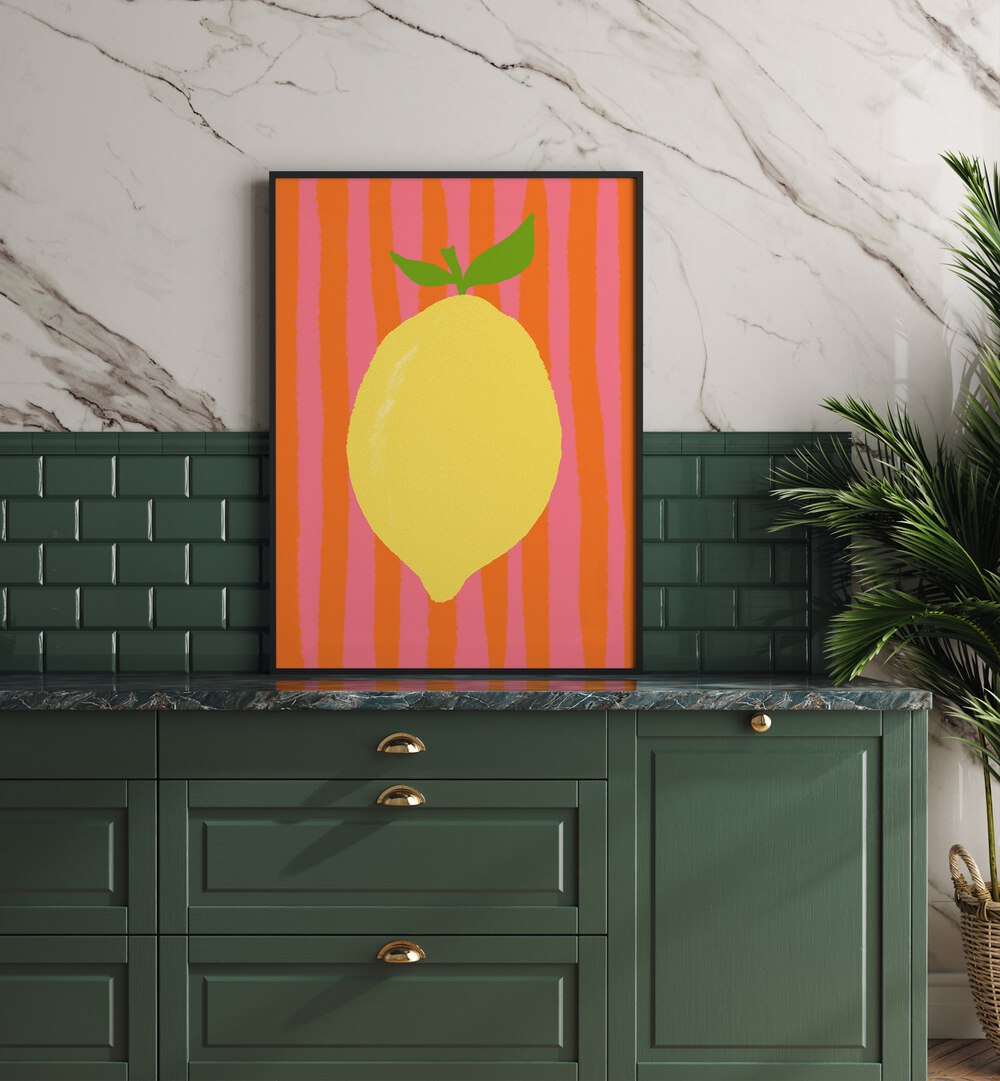 Limone Pink by Studio Dolci Kitchen Art Prints in Black Plain Frame placed on a kitchen counter for kitchen area