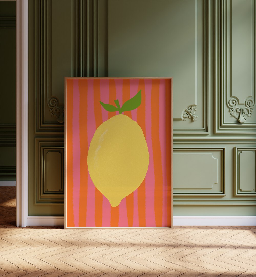 Limone Pink by Studio Dolci Kitchen Art Prints in Oak Wood Plain Frame placed on a floor beside a window