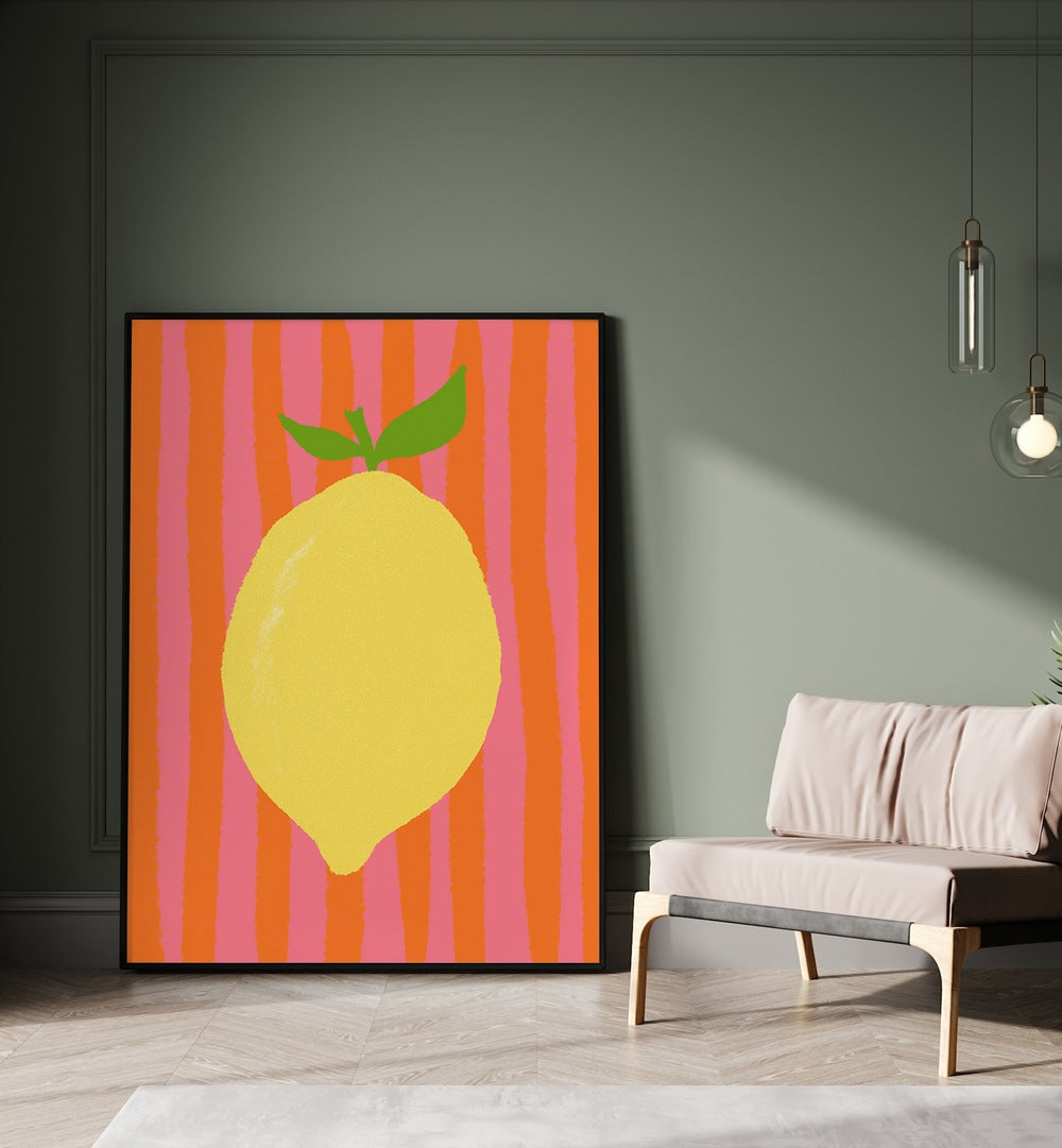 Limone Pink by Studio Dolci Kitchen Art Prints in Black Plain Frame placed on a floor beside a sofa