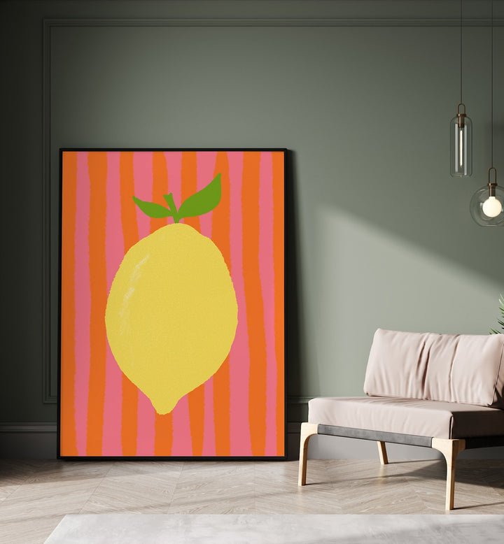 Limone Pink by Studio Dolci Kitchen Art Prints in Black Plain Frame placed on a floor beside a sofa