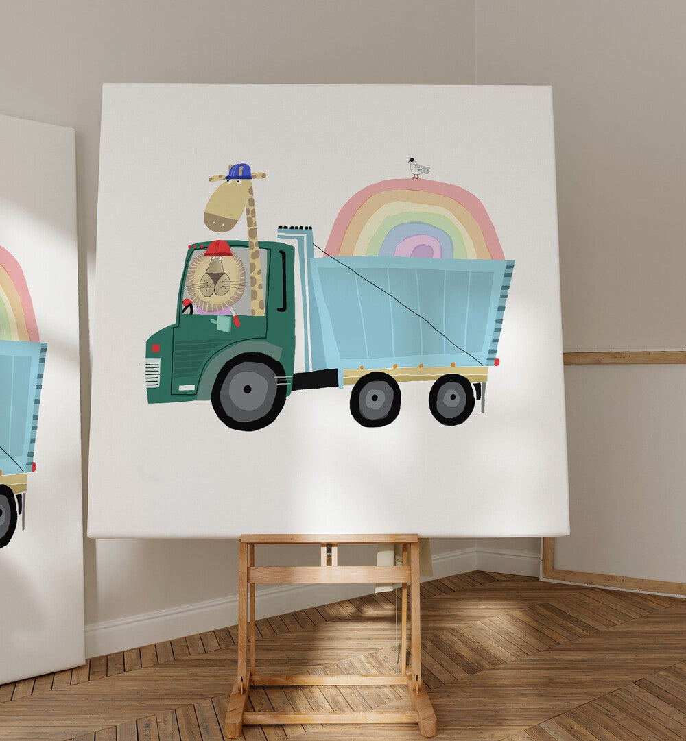 Lion A Giraffe In Construction Truck With Rainbow By Carla Daly Kids Room Art  placed on a wall