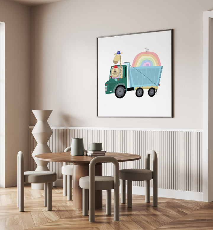 Lion A Giraffe In Construction Truck With Rainbow By Carla Daly Kids Room Art  placed on a wall