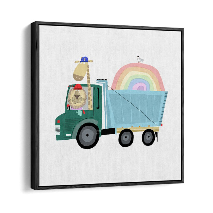 Lion A Giraffe In Construction Truck With Rainbow By Carla Daly Kids Room Art in Black Floater Frame