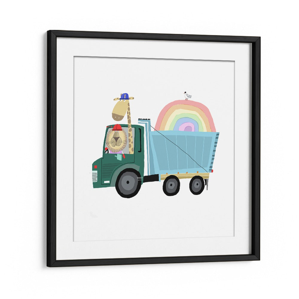 Lion A Giraffe In Construction Truck With Rainbow By Carla Daly Kids Room Art in Black Frame With Mount