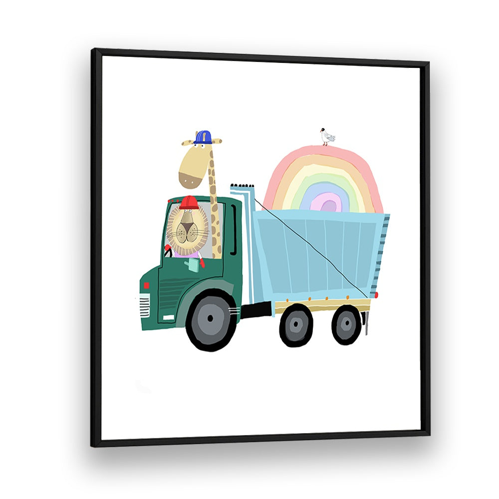 Lion A Giraffe In Construction Truck With Rainbow By Carla Daly Kids Room Art in Black Plain Frame