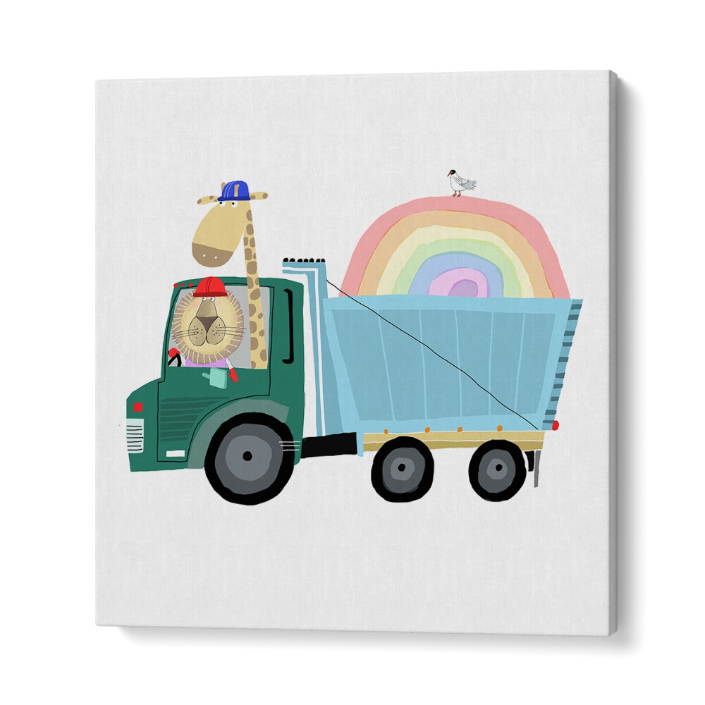 Lion A Giraffe In Construction Truck With Rainbow By Carla Daly Kids Room Art in Gallery Wrap