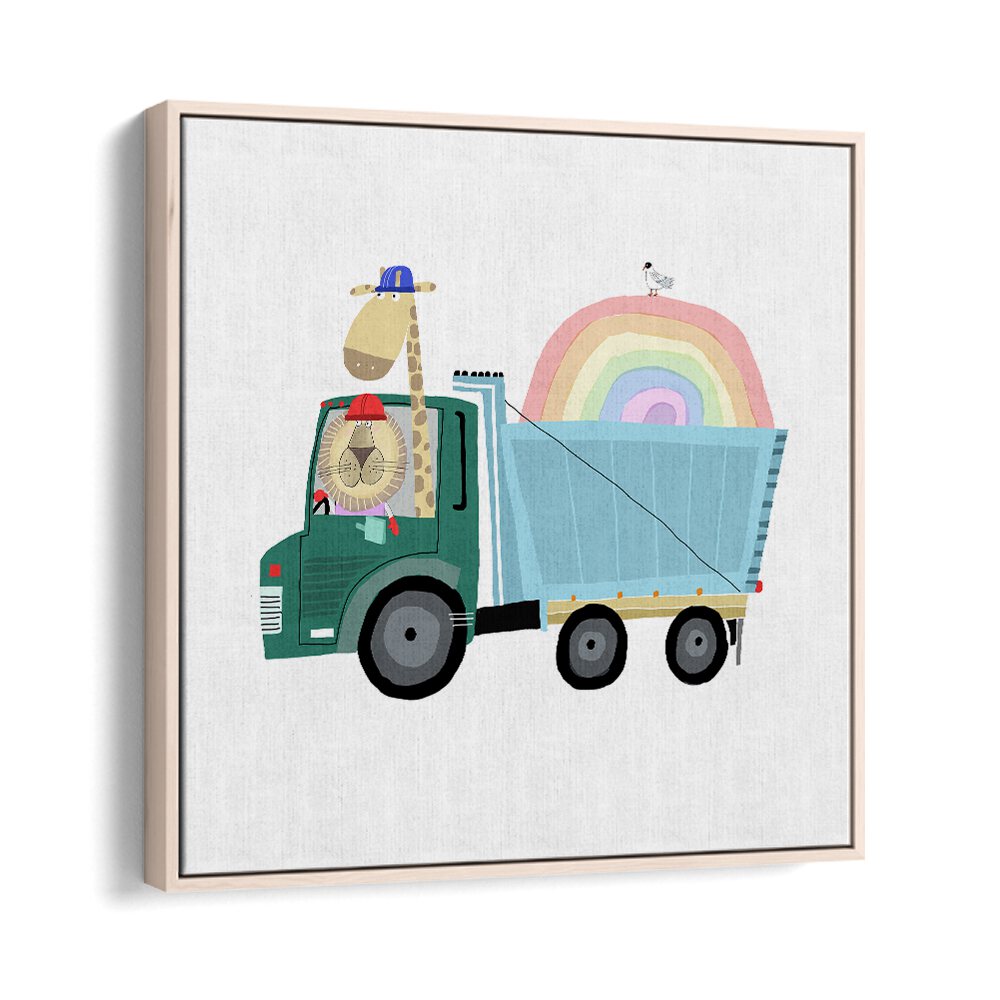 Lion A Giraffe In Construction Truck With Rainbow By Carla Daly Kids Room Art in Oak Wood Floater Frame