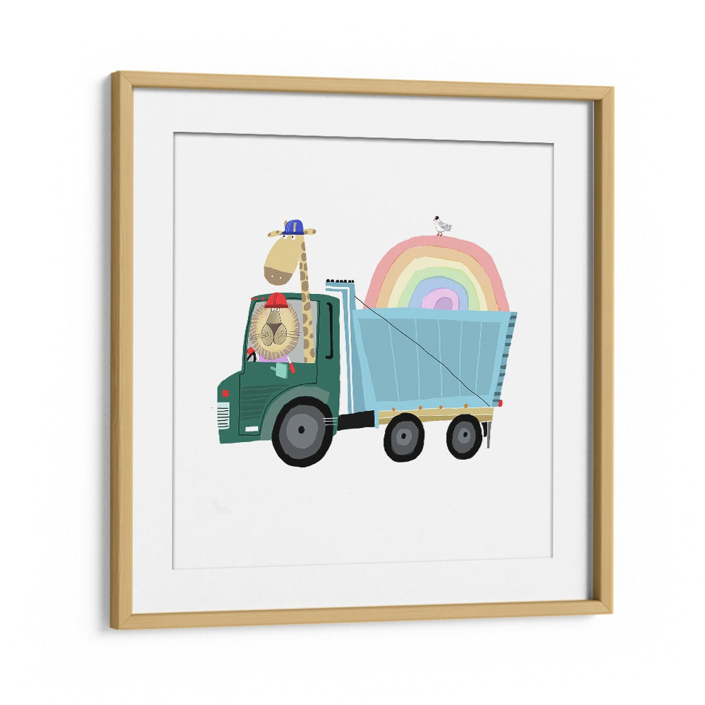 Lion A Giraffe In Construction Truck With Rainbow By Carla Daly Kids Room Art in Oak Wood Frame With Mount