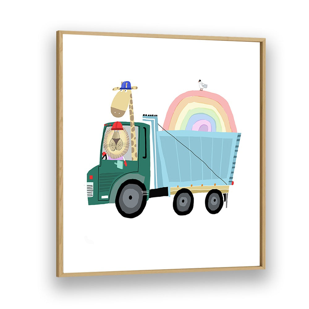 Lion A Giraffe In Construction Truck With Rainbow By Carla Daly Kids Room Art in Oak Wood Plain Frame