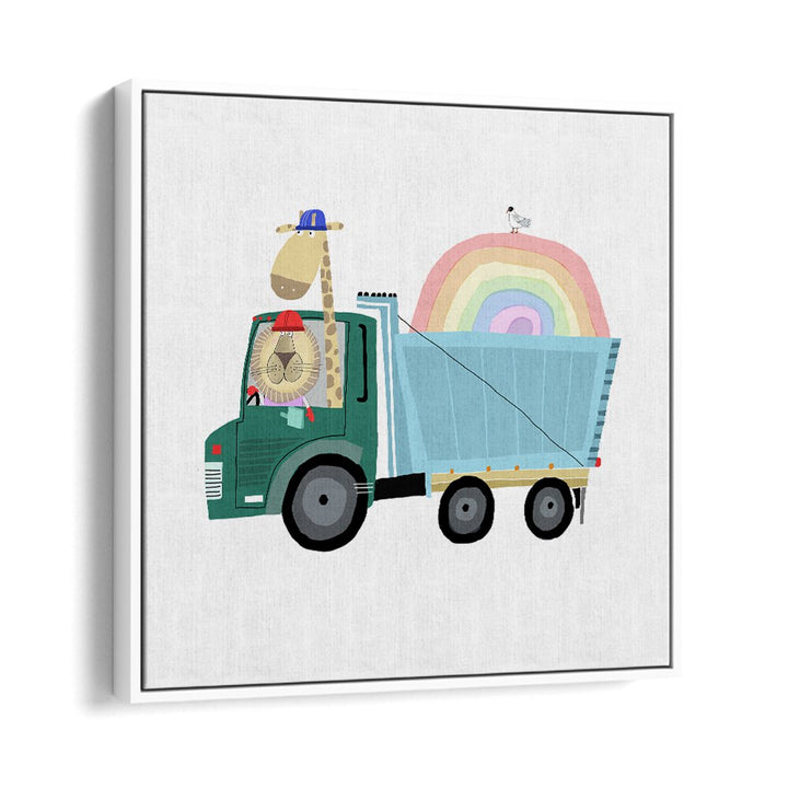 Lion A Giraffe In Construction Truck With Rainbow By Carla Daly Kids Room Art in White Floater Frame