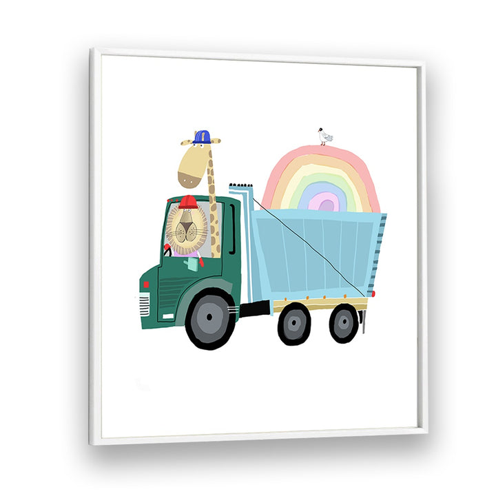 Lion A Giraffe In Construction Truck With Rainbow By Carla Daly Kids Room Art in White Plain Frame