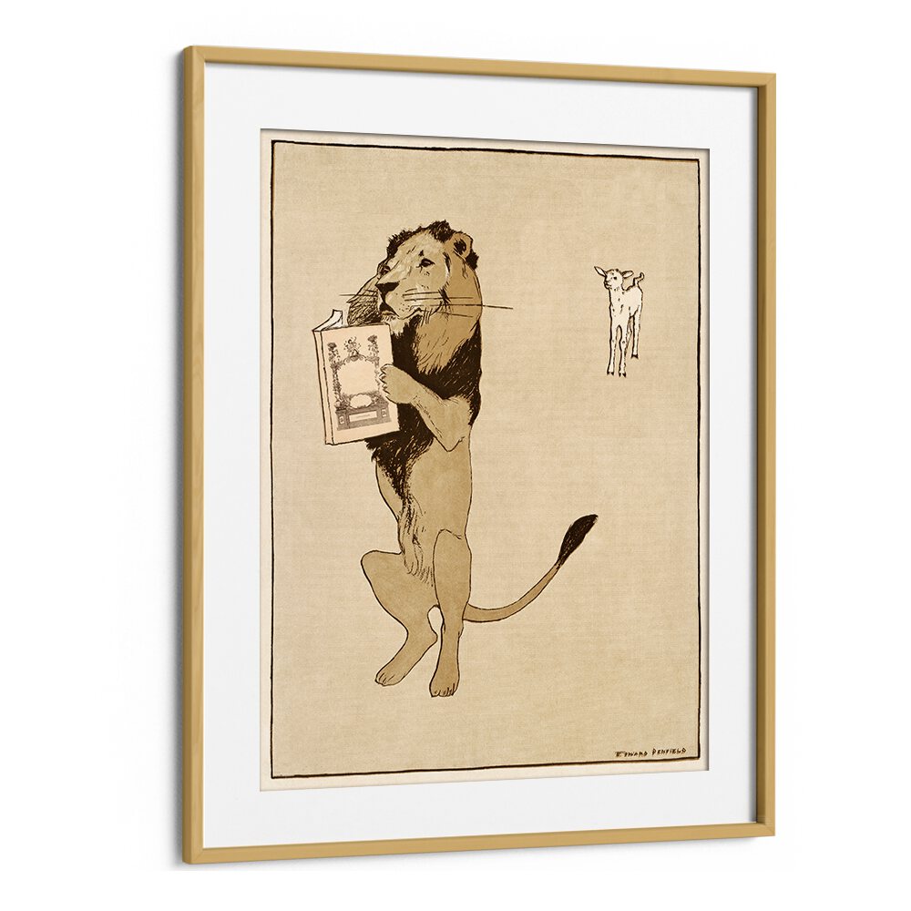 Lion And A Book 1894 Vintage Paintings in Oak Wood Frame With Mount