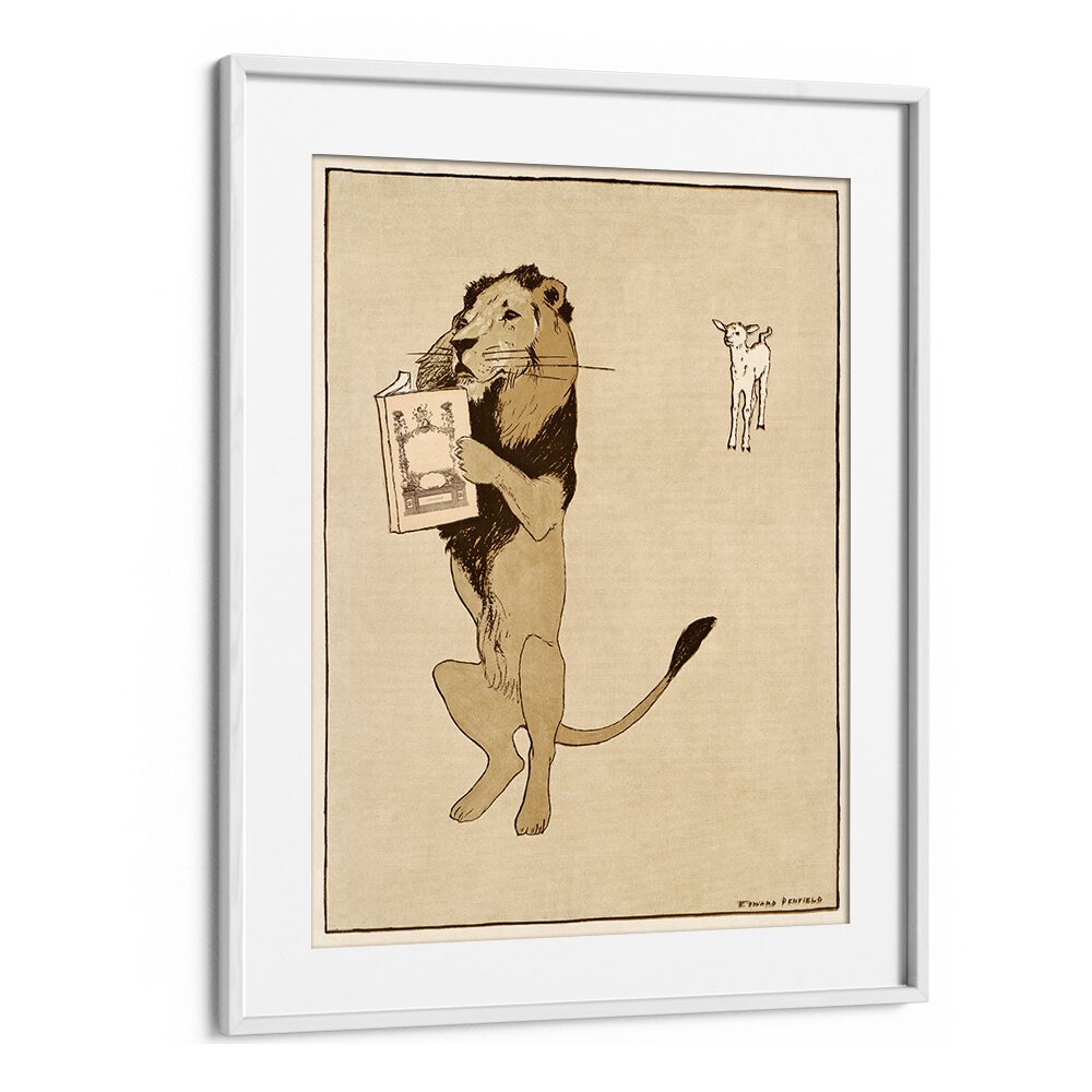 Lion And A Book 1894 Vintage Paintings in White Frame With Mount