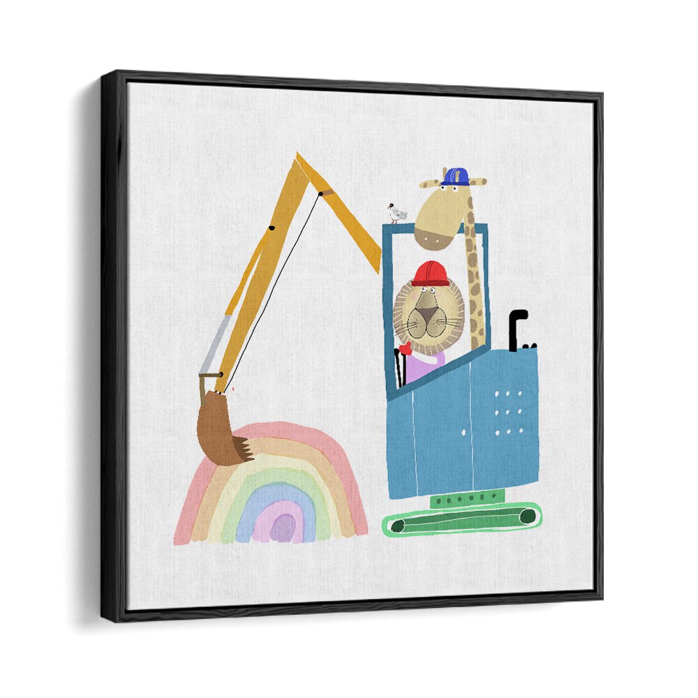 Lion And Giraffe Construction Wokers With Rainbow By Carla Daly Kids Room Art in Black Floater Frame