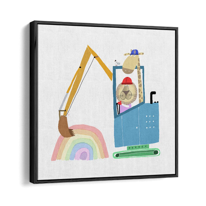 Lion And Giraffe Construction Wokers With Rainbow By Carla Daly Kids Room Art in Black Floater Frame