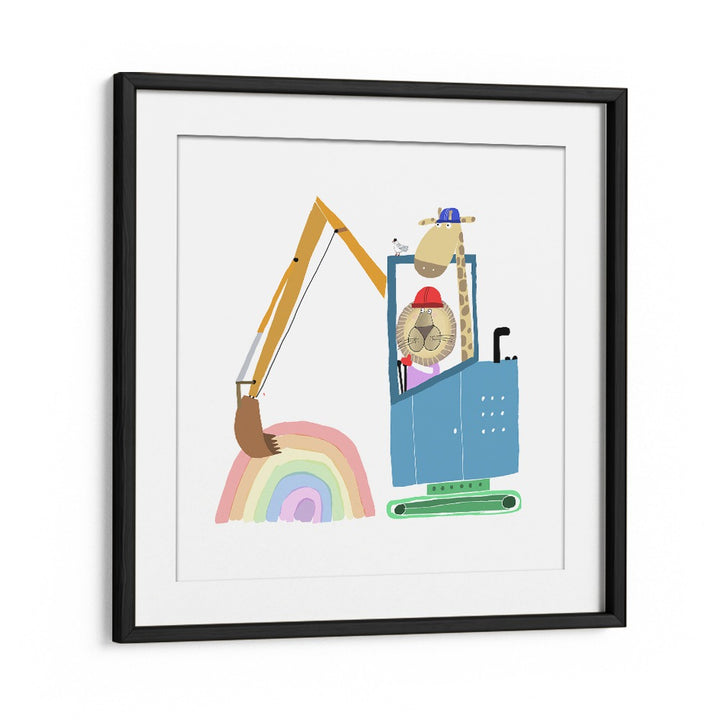 Lion And Giraffe Construction Wokers With Rainbow By Carla Daly Kids Room Art in Black Frame With Mount