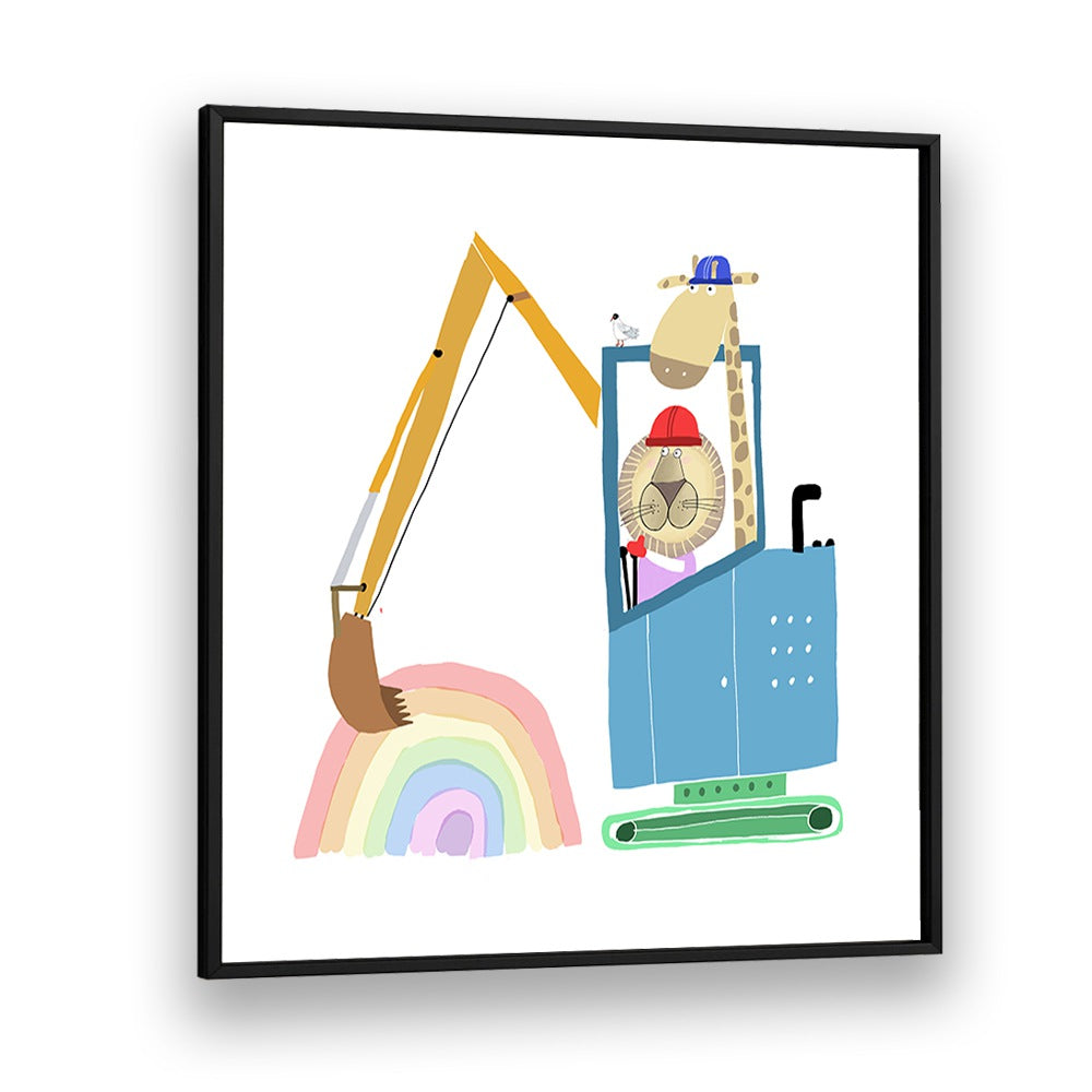 Lion And Giraffe Construction Wokers With Rainbow By Carla Daly Kids Room Art in Black Plain Frame