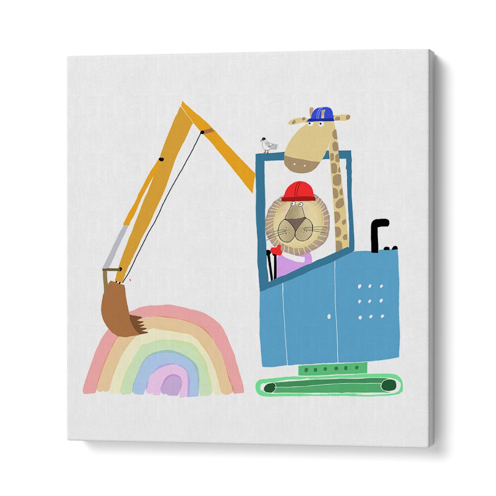 Lion And Giraffe Construction Wokers With Rainbow By Carla Daly Kids Room Art in Gallery Wrap