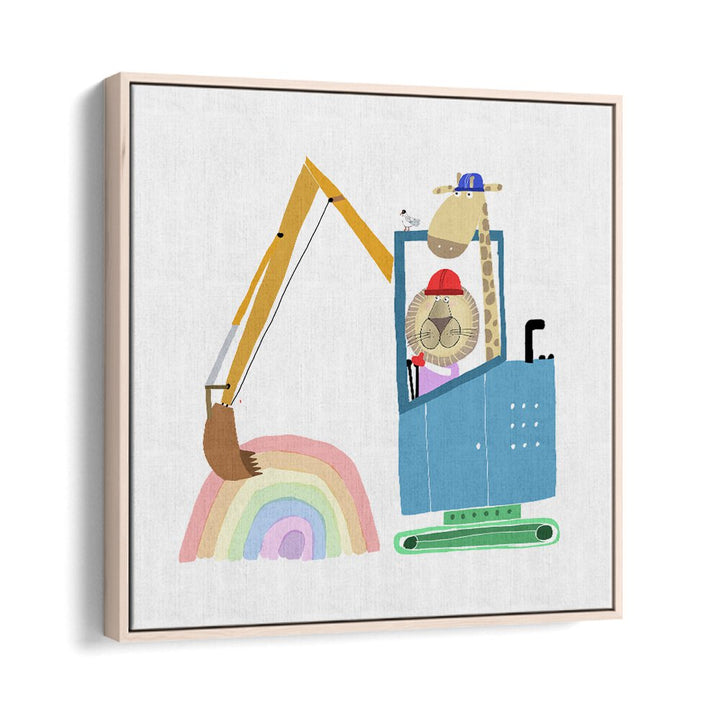 Lion And Giraffe Construction Wokers With Rainbow By Carla Daly Kids Room Art in Oak Wood Floater Frame