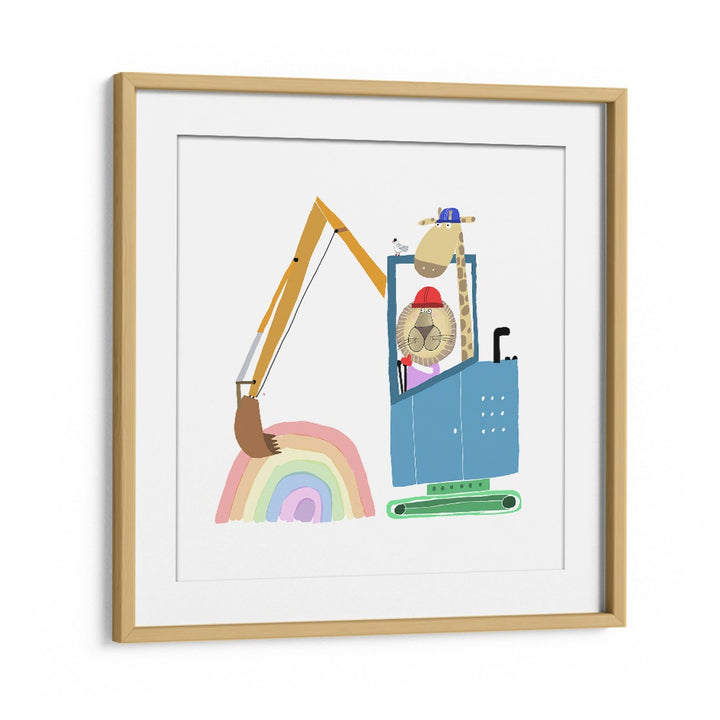 Lion And Giraffe Construction Wokers With Rainbow By Carla Daly Kids Room Art in Oak Wood Frame With Mount