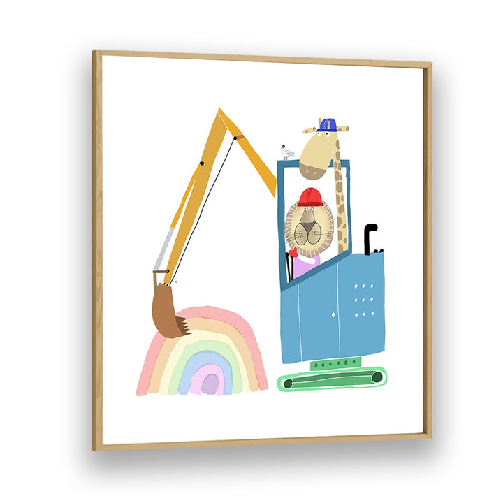 Lion And Giraffe Construction Wokers With Rainbow By Carla Daly Kids Room Art in Oak Wood Plain Frame