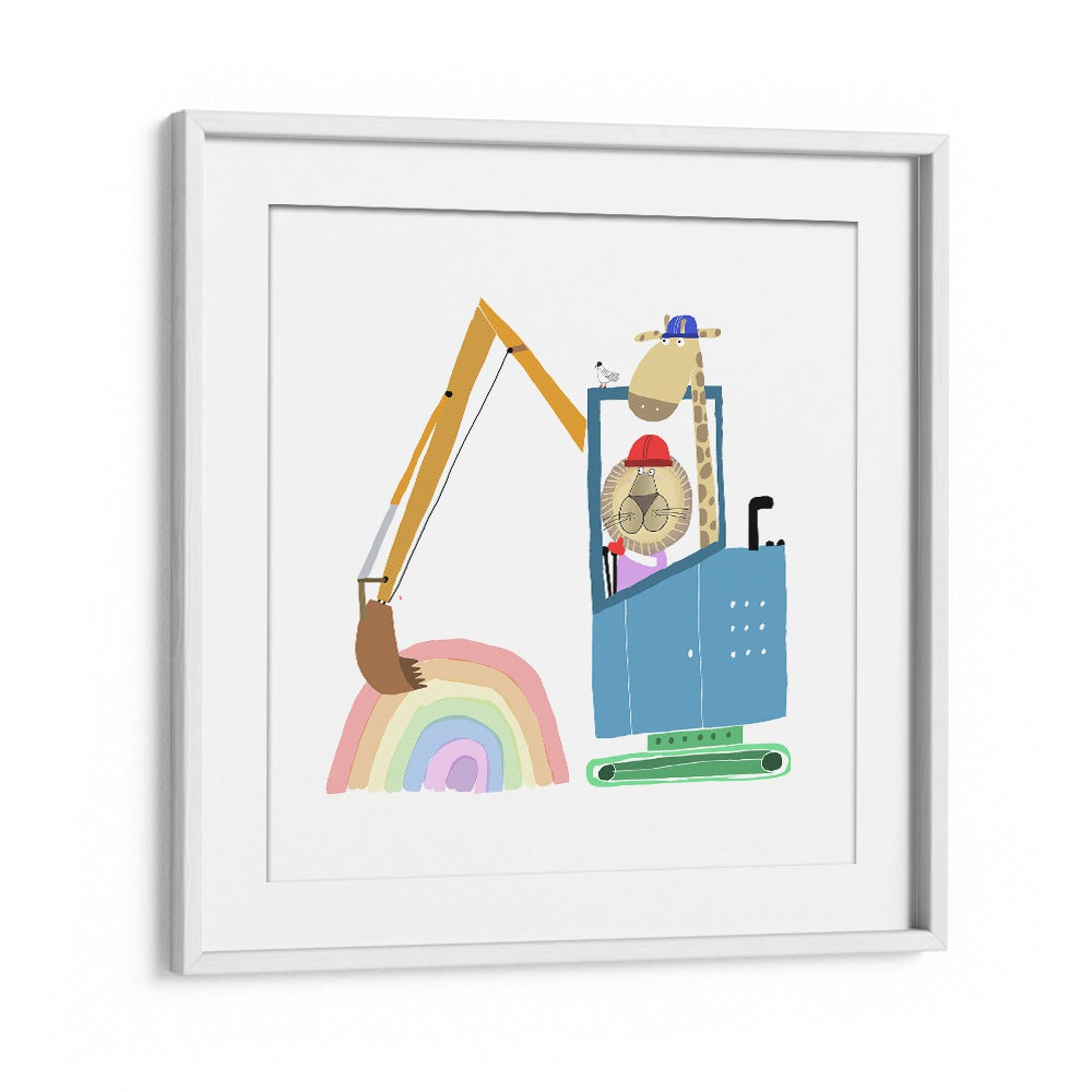 Lion And Giraffe Construction Wokers With Rainbow By Carla Daly Kids Room Art in White Frame With Mount