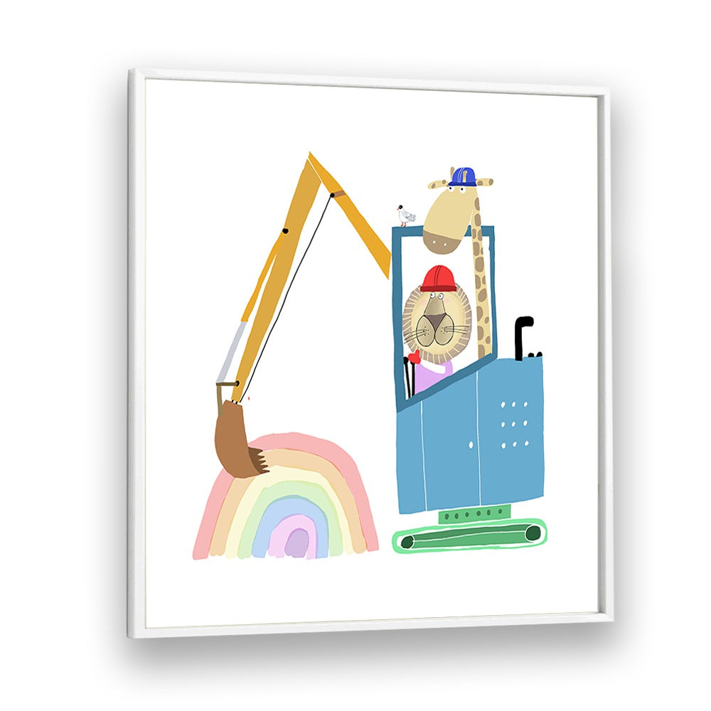 Lion And Giraffe Construction Wokers With Rainbow By Carla Daly Kids Room Art in White Plain Frame