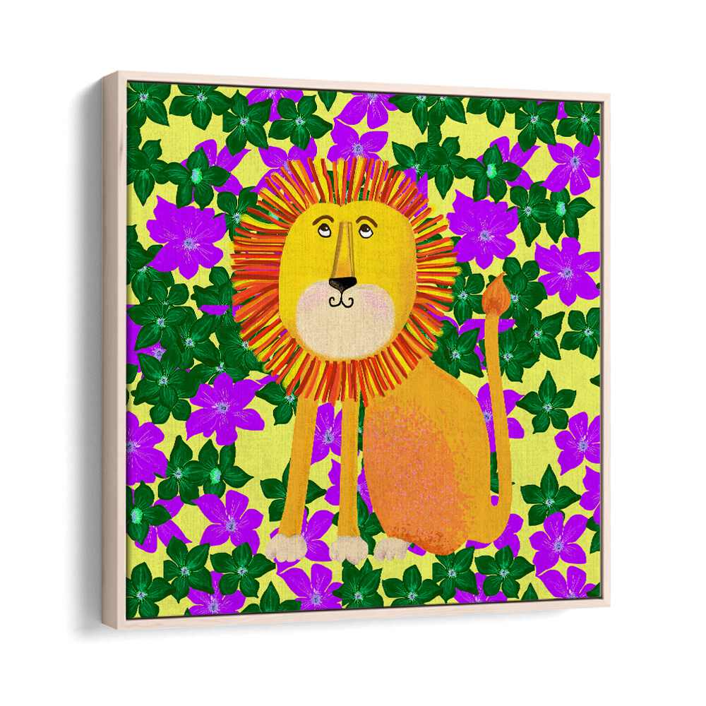 Lion In Flowers By Lynnda Rakos Pop Art Paintings Pop Art Prints in Oak Wood Floater Frame