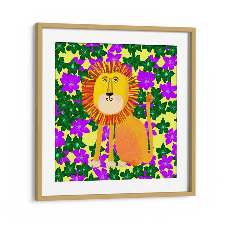 Lion In Flowers By Lynnda Rakos Pop Art Paintings Pop Art Prints in Oak Wood Frame With Mount