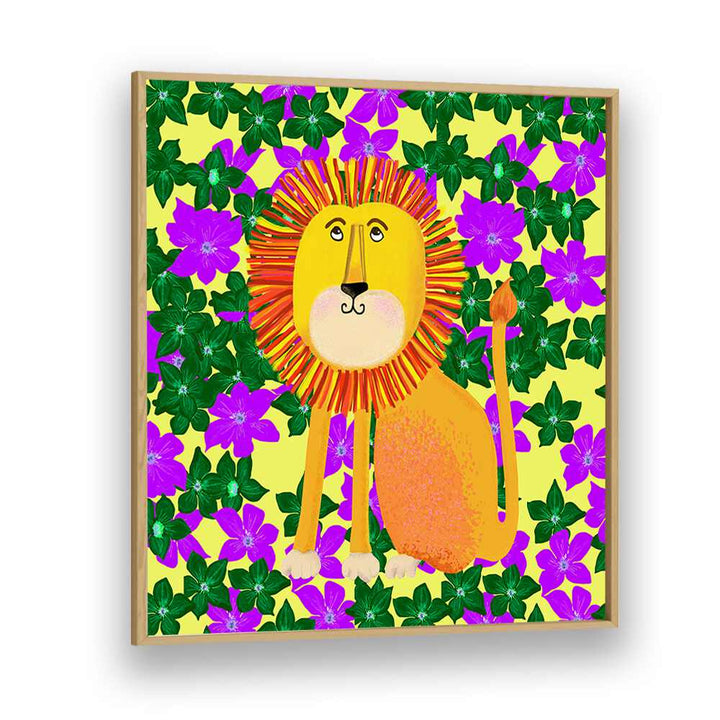 Lion In Flowers By Lynnda Rakos Pop Art Paintings Pop Art Prints in Oak Wood Plain Frame