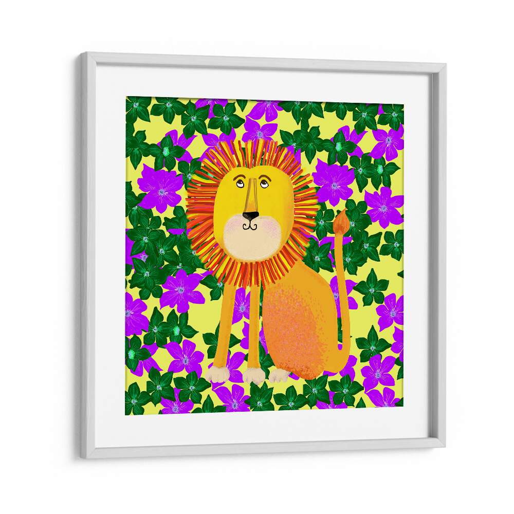 Lion In Flowers By Lynnda Rakos Pop Art Paintings Pop Art Prints in White Frame With Mount