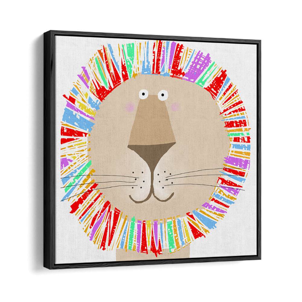 Lion With Colorful Rainbow Mane By Carla Daly Kids Room Art in Black Floater Frame