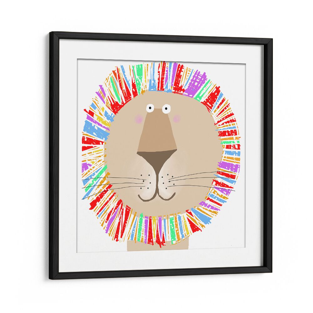 Lion With Colorful Rainbow Mane By Carla Daly Kids Room Art in Black Frame With Mount