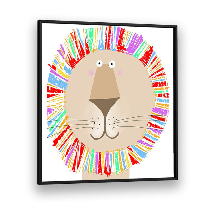 Lion With Colorful Rainbow Mane By Carla Daly Kids Room Art in Black Plain Frame