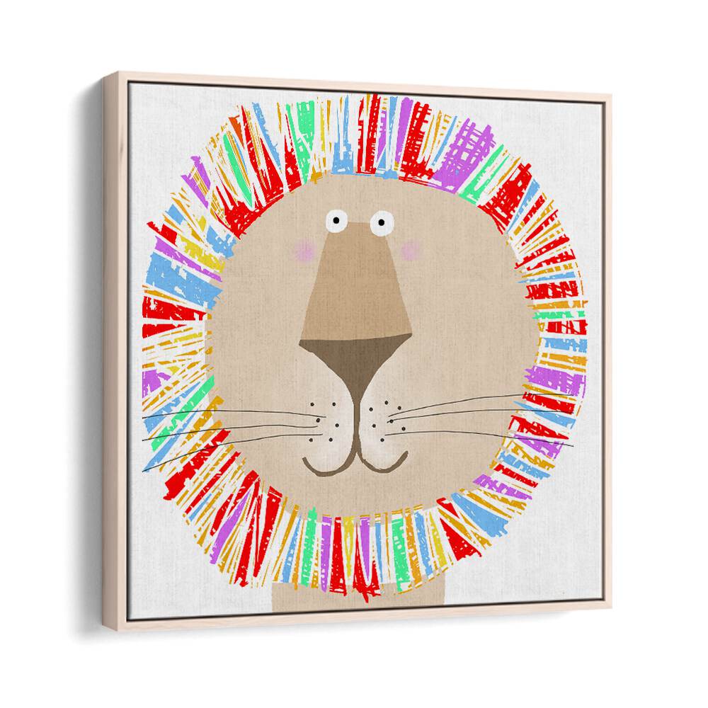 Lion With Colorful Rainbow Mane By Carla Daly Kids Room Art in Oak Wood Floater Frame