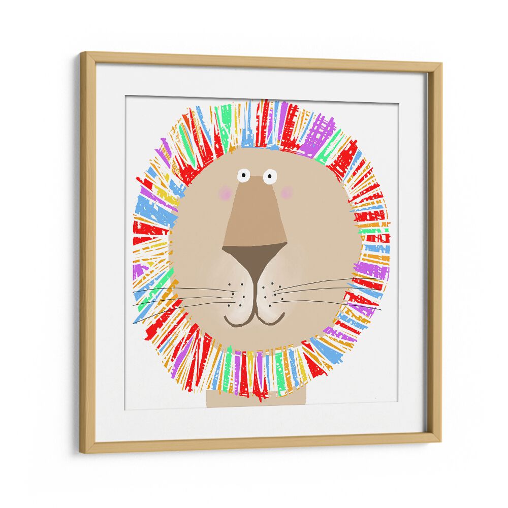 Lion With Colorful Rainbow Mane By Carla Daly Kids Room Art in Oak Wood Frame With Mount