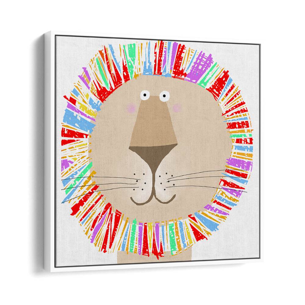 Lion With Colorful Rainbow Mane By Carla Daly Kids Room Art in White Floater Frame