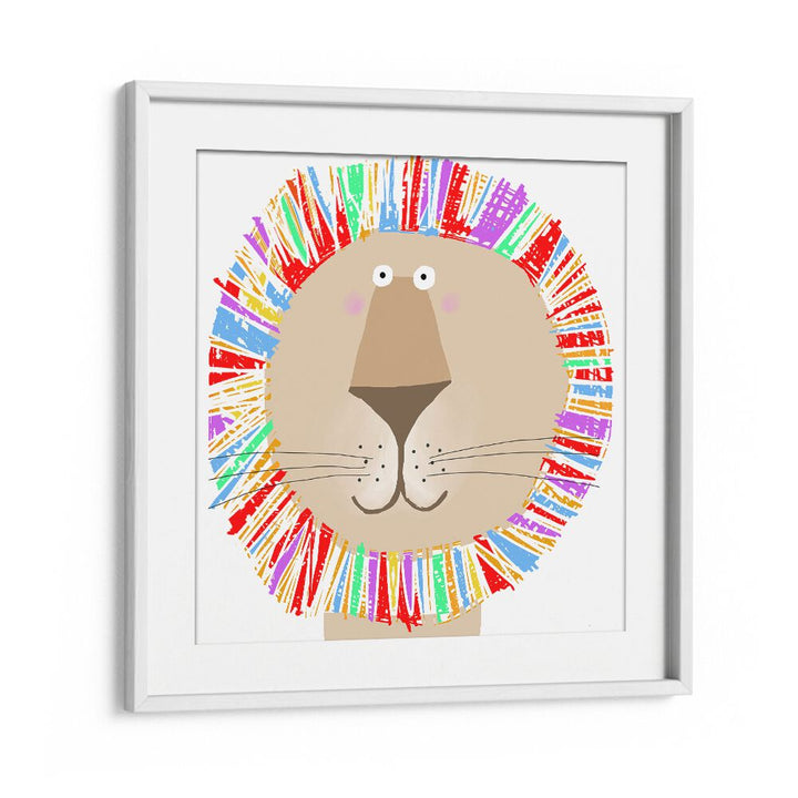 Lion With Colorful Rainbow Mane By Carla Daly Kids Room Art in White Frame With Mount